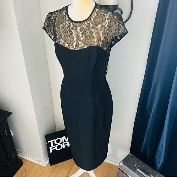Maggy London Black Stretch Crepe Gold Lace Illusion Dress, Black, Size 8, NWT - Picture 1 of 17